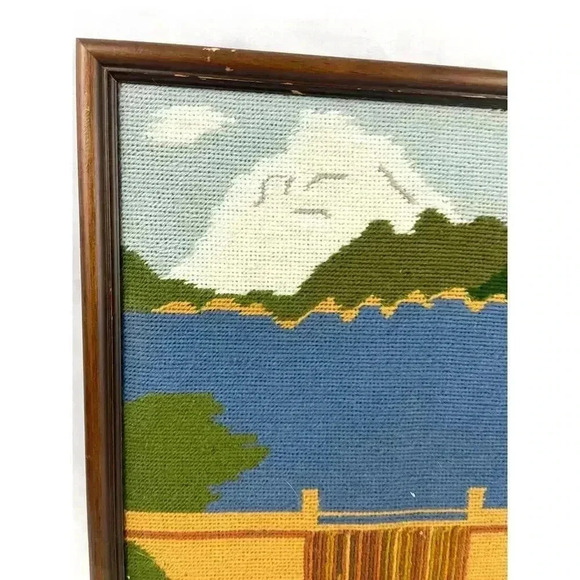 VTG Three Shastas Dam CA Needlepoint Embroidered MCM Fiber Art 12"x16" Framed - Picture 8 of 15
